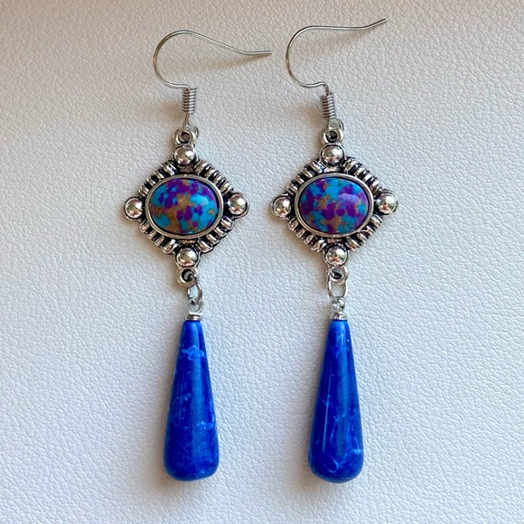 Jewelry - Blue Drop Dangle Earrings with Multicolor Stone Accents
